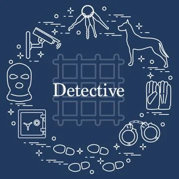 Criminal and detective elements. Crime, law and justice vector icons. Stock Illustration