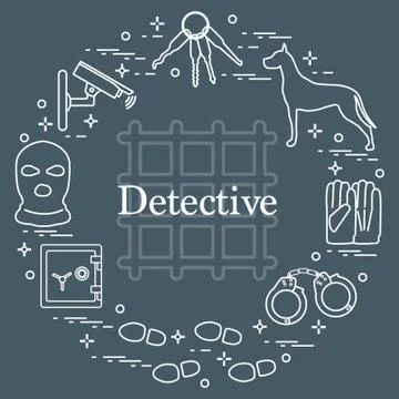 Criminal and detective elements. Crime, law and justice vector icons. Stock Illustration