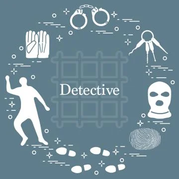 Criminal and detective elements. Crime, law and justice vector icons. Stock Illustration