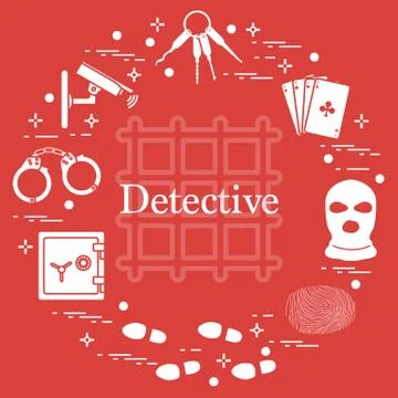 Criminal and detective elements. Crime, law and justice vector icons. Illustrazione stock