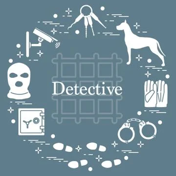 Criminal and detective elements. Crime, law and justice vector icons. Stock Illustration