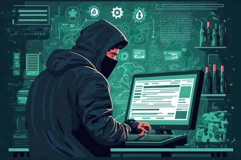 Criminal burglar uses virus to infect computer, hacks password to bypass server Stock Illustration