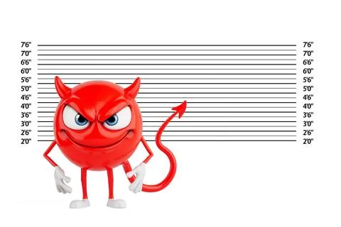 Criminal Identification Humor Concept. Red Devil Cartoon Character Standing.. Stock Illustration