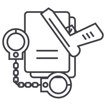 Criminal law,handcuffs,docs,gun,evidence vector line icon, sign, illustration Stock Illustration