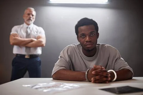 Criminal looking at camera in prison Stock Photos