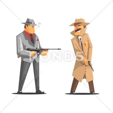 Criminal With Machine Gun Against A Police Detective Stock Illustration
