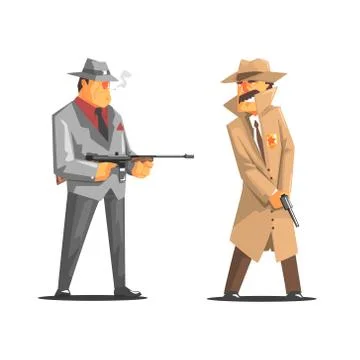 Criminal With Machine Gun Against A Police Detective Stock Illustration