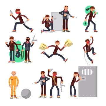 Criminal offender in different actions vector set. Burglar and thief cartoon Stock Illustration