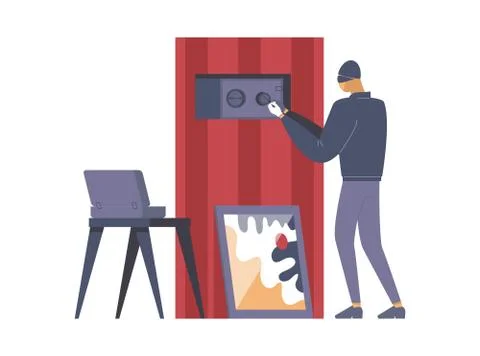 Criminal opening safe flat vector illustration. Thief, criminal in mask cartoon Illustrazione stock