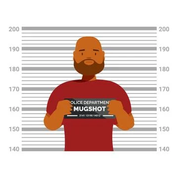 Criminal posing for mugshot with height chart in police department Stock Illustration