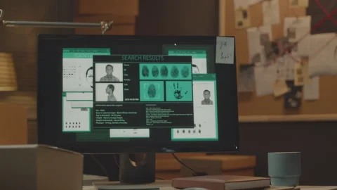 Criminal Profile on Computer Desktop in Detective Office Stock Footage 250012277