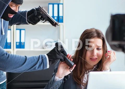 Criminal recording message for ransom with victim businesswoman Stock Photos