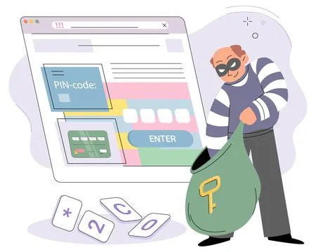 Criminal stealing personal information from computer. Hacker internet activity Illustrazione stock