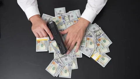 Criminal taking money. Armed robber crime deal. Thief killer do robbery Stock Footage 318947673