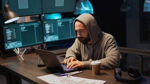 Criminal thief hacking password to break server interface Stock Photos