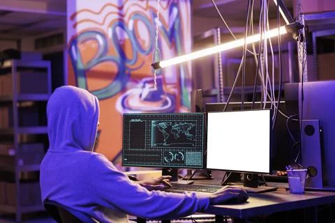 Criminal using computer white screen 写真素材