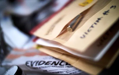 Criminalistic Laboratory, Bullet shell analysis Stock Photos