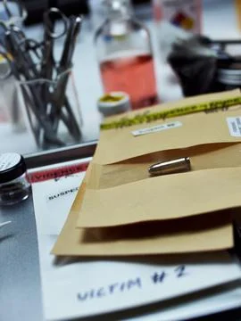 Criminalistic Laboratory, Bullet shell analysis, conceptual image 库存照片