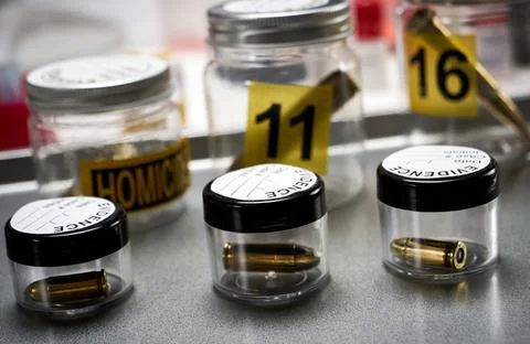 Criminalistic Laboratory, Bullet shell analysis, conceptual image 库存照片