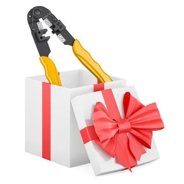 Crimper, crimp tool inside gift box, present concept. 3D rendering Ilustração Stock