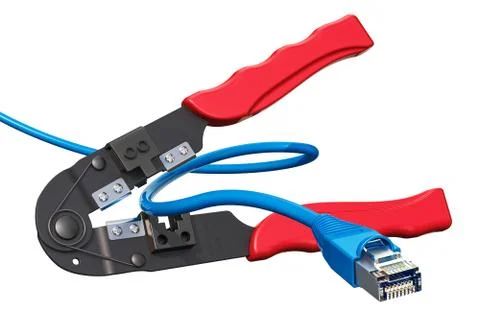Crimper, crimp tool with lan cable, 3D rendering Ilustração Stock