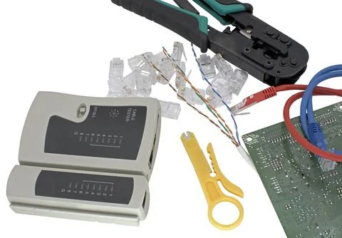 Crimper, network cable and connectors Stock Photos