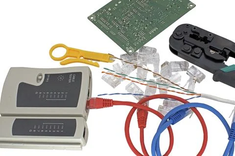 Crimper, network cable and connectors Stock Photos