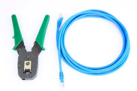 Crimping tool with connector jack isolated on white Stock Photos