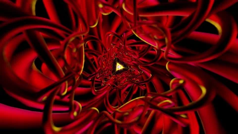Crimson braided tubes VJ loop with glowing yellow core and twisting tunnel Stock Footage 335035734