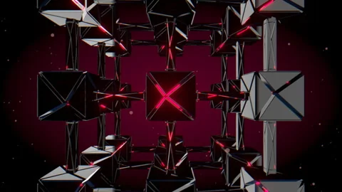 Crimson data node array featuring central core alignment of refractive glass, 4K Stock Footage 336779821