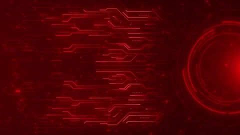 Crimson digital circuit board visual red neon paths, glowing dots, and circular Stock Footage 340566590