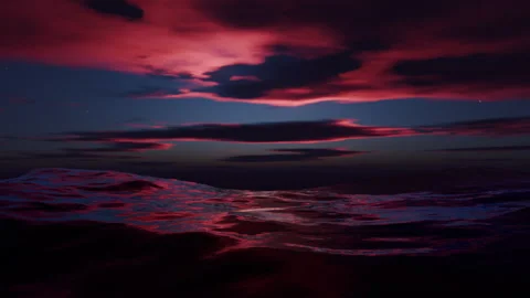 Crimson ocean waves loop seamless across moody twilight with reflective glow Video stock 328930424