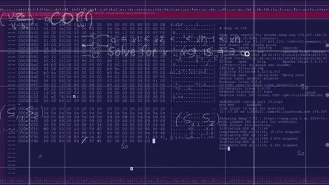 Crimson scanning bar causing grid logging points with code and math expanding Video stock 315543274