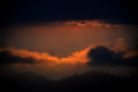 Crimson Sunset Clouds Over Sequoia National Park Stock Photos