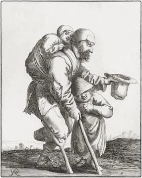 Crippled beggar with child.  After a work from the 1630's by Pieter Jansz Quast. Stock Illustration