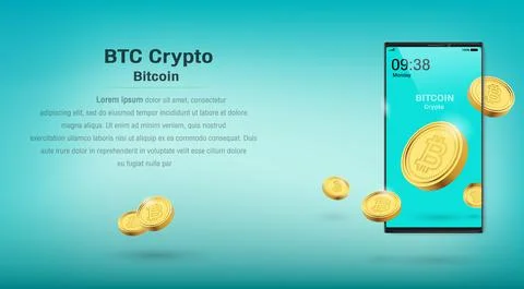 Cripto currency, Bitcoin Crypto on Mobile, Blue background. Banner Vector Stock Illustration