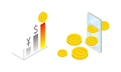 Cripto currency with growth graph. Bitcoins transferring cartoon vector Stock-Illustration