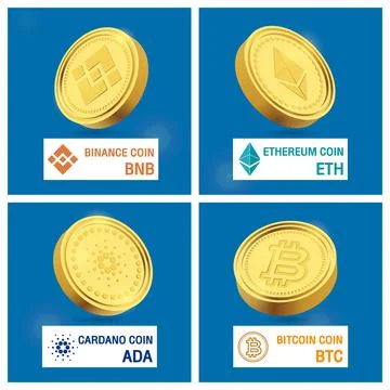 Cripto currency logo coin. four logo, Binance, Ethereum, Cardano, Bitcoin. Ve Stock Illustration