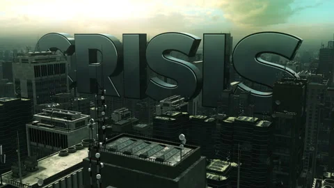 CRISIS 3D word floating in between buildings in large city. Stock Footage 197912177