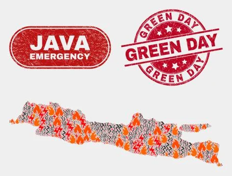 Crisis and Emergency Collage of Java Island Map and Distress Green Day Stamp Stock-Illustration