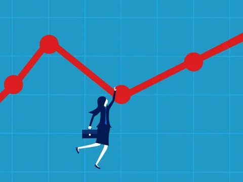 Crisis causes profits to decrease. Businesswoman falls from cost graph 库存插图