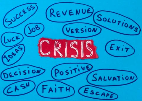 Crisis concept white text on red background.job and solutions 스톡 일러스트