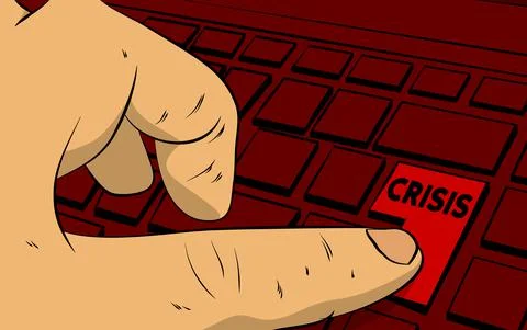 Crisis word on computer keyboard. Man push keypad on laptop. Comic book style Stock-Illustration