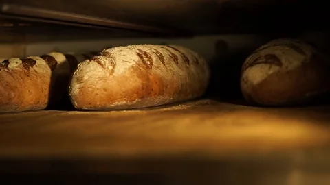 Crisp big bread being taken from industrial oven Stock Footage 90122384