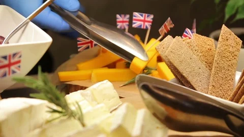 Crisp bread camembert and pumpkin - English breakfast or lunch in luxury hotel Stock Footage 74397532