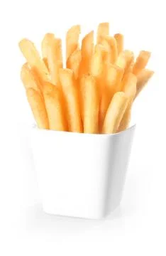 Crisp deep-fried potato chips in a container Stock Photos