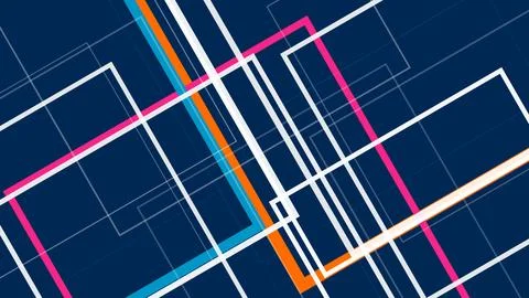A crisp geometric tech grid filled with neon magenta, cyan, and orange stri.. Stock Illustration