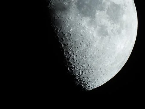 Crisp Half Moon Lunar Surface Crater Detail Black Sky 4K Stock Photos