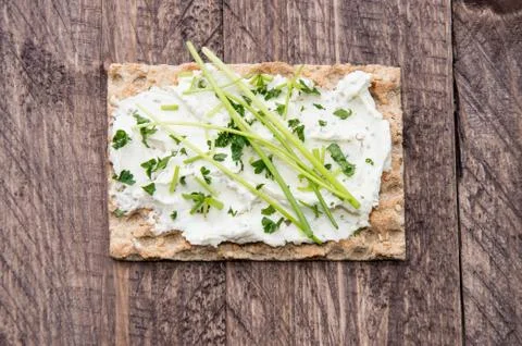 Crispbread with creme cheese and chives Stock Photos
