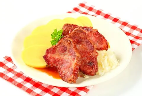 Crispy bacon with mashed potatoes and lemon Stock Photos